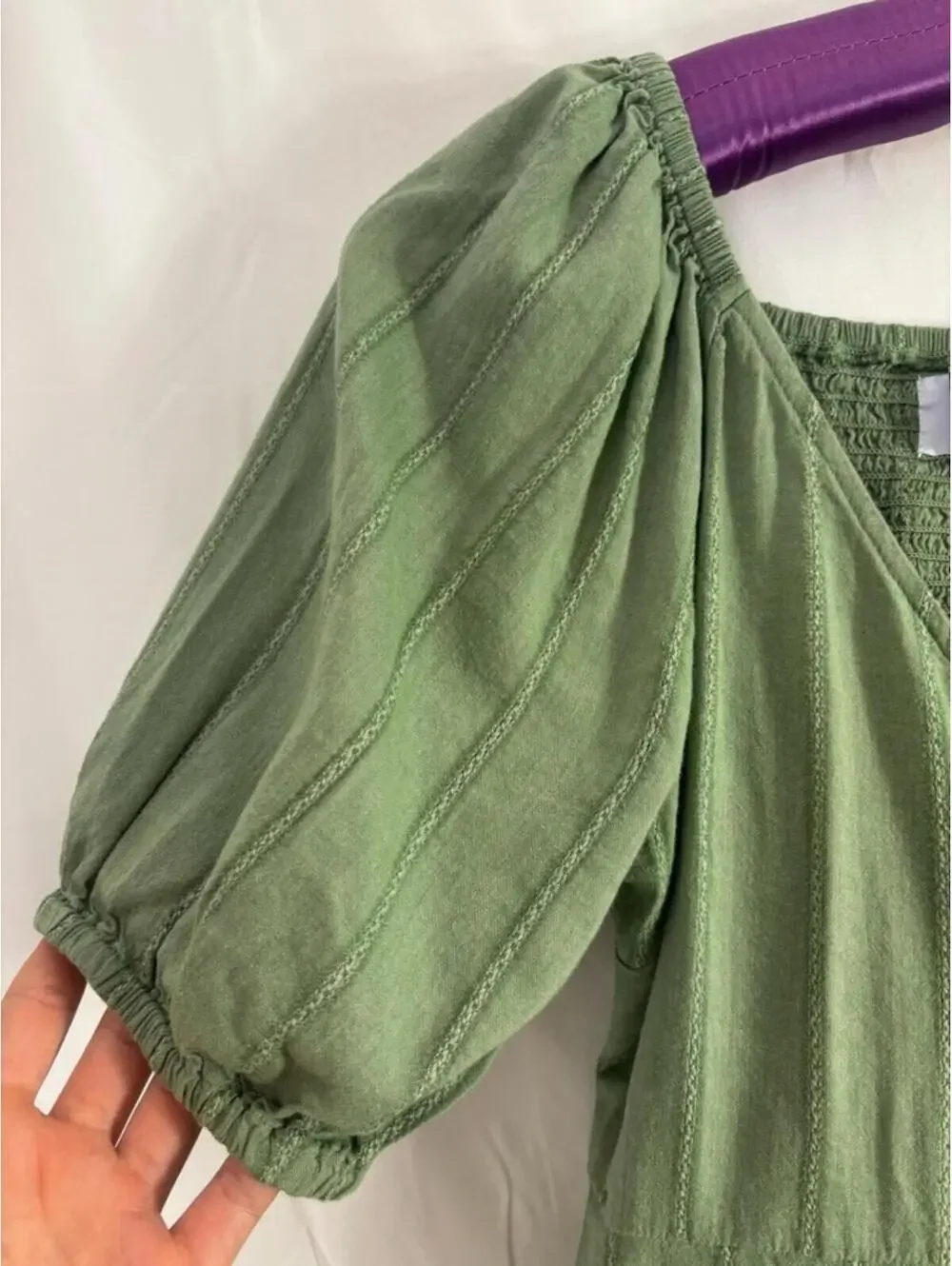 Sage Green Cotton V‎ Neck Babydoll Puff Sleeve Boho Whimsy Wrap Top Size XS-M